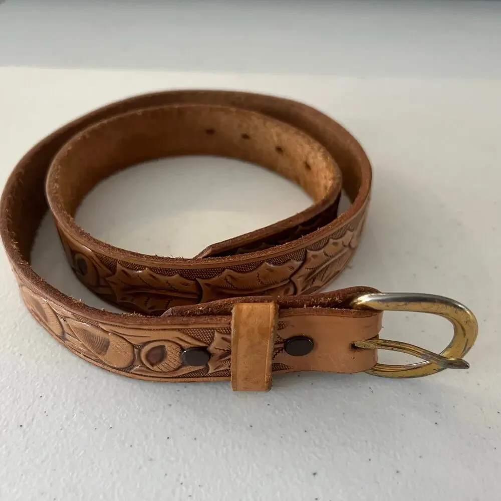 Justin Top Grain Cowhide Leather Tooled Western Belt Sz 28 Brown Cowboy